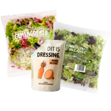 Krulsla of eikenbladsla melange
zakje à 100 gram,
gemengde sla zakje à 125 gram
of Dit is dressing zoete dressing
zakje à 220 ml